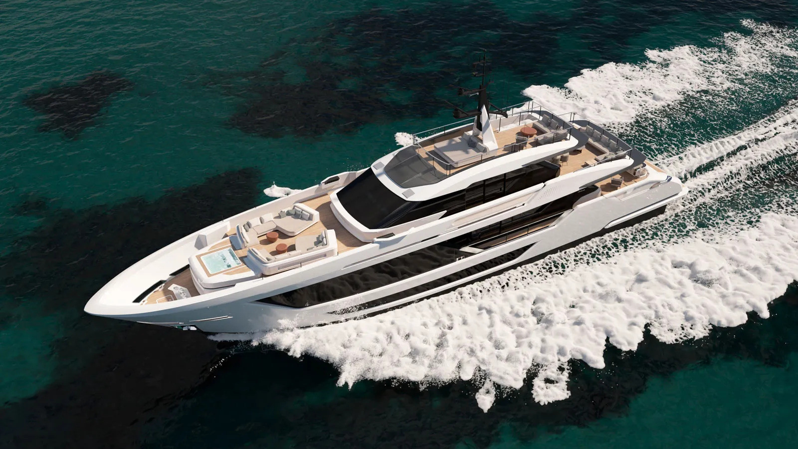 Aerial view of the Custom Line Saetta 128 underway, highlighting its three-deck architecture and expansive exterior spaces.