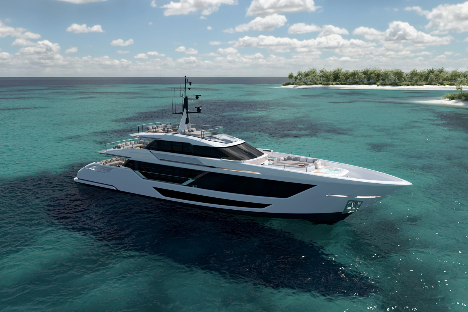 Custom Line Saetta 128 showcasing its three-deck design, contemporary profile and expansive outdoor living areas.