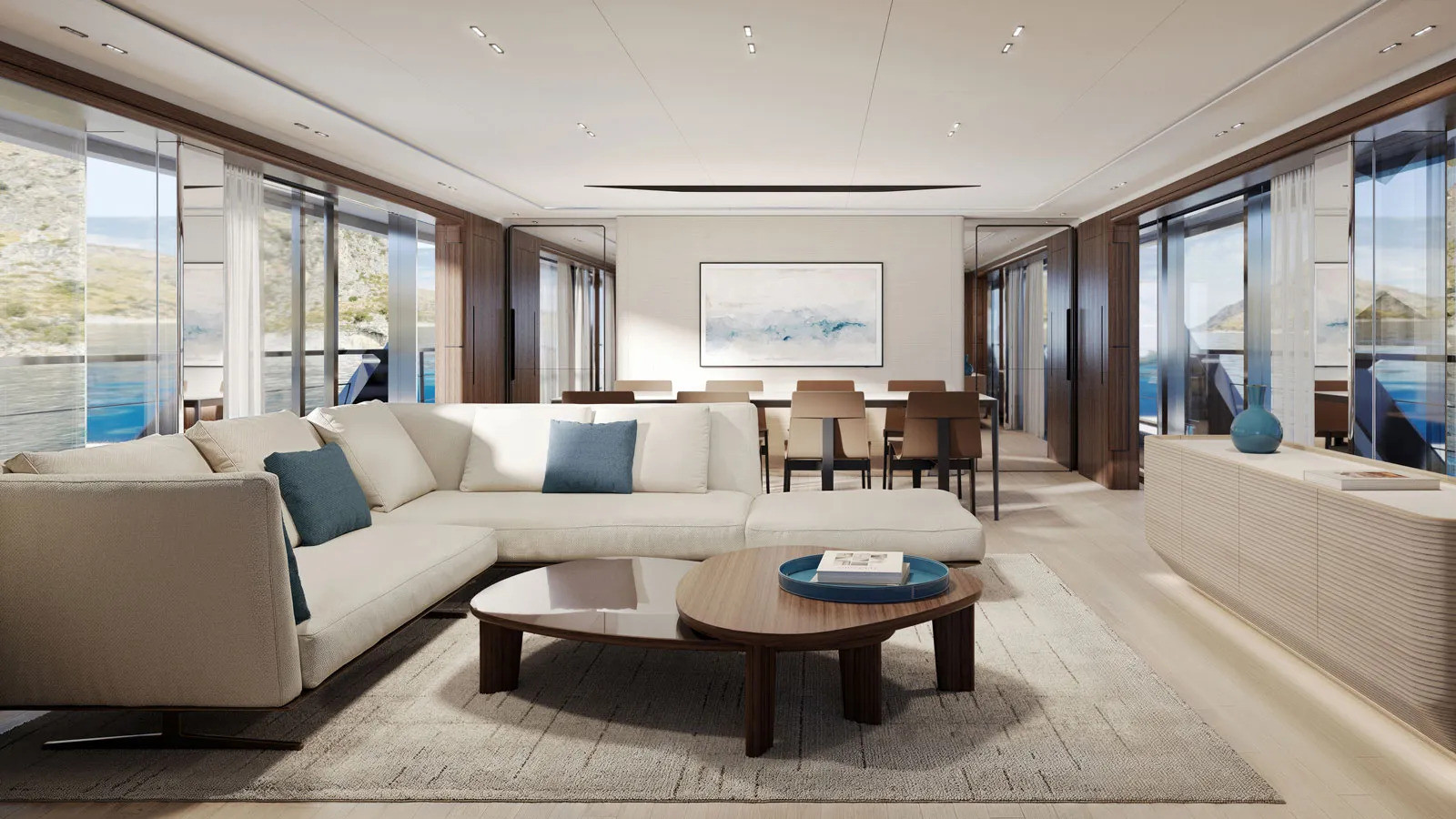 Custom Line Saetta 128' main saloon featuring expansive glazing, contemporary furnishings and panoramic sea views.