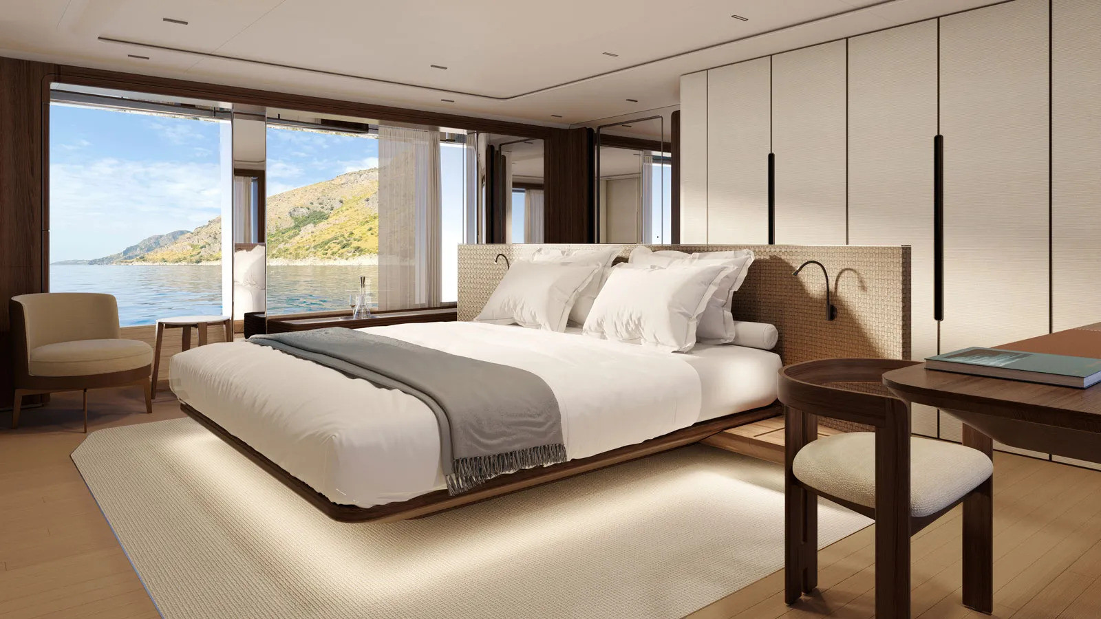 Custom Line Saetta 128' luxury master cabin featuring large windows, natural materials and tailored interior details.